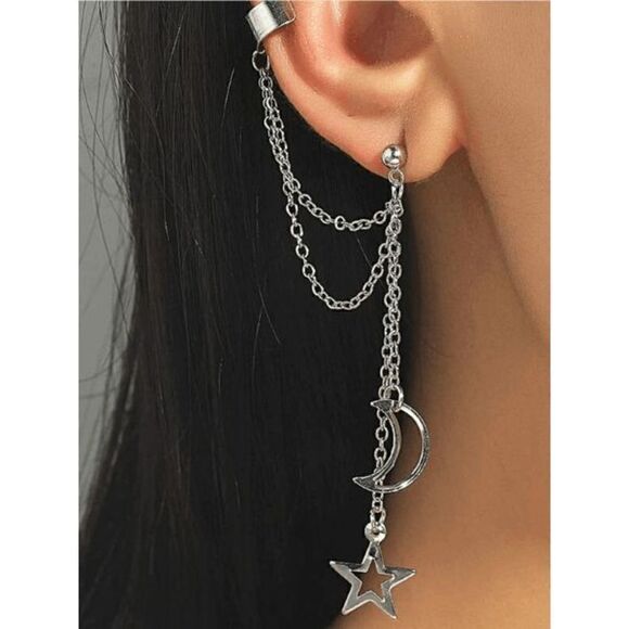CRESCENT MOON STAR EARRING CHAIN CUFF - Picture 1 of 3